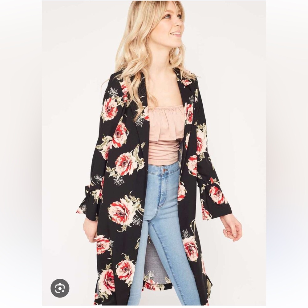 Miss Selfridge Cardigan Duster Floral MIDI Flowy Coastal Boho Hippie Tropical